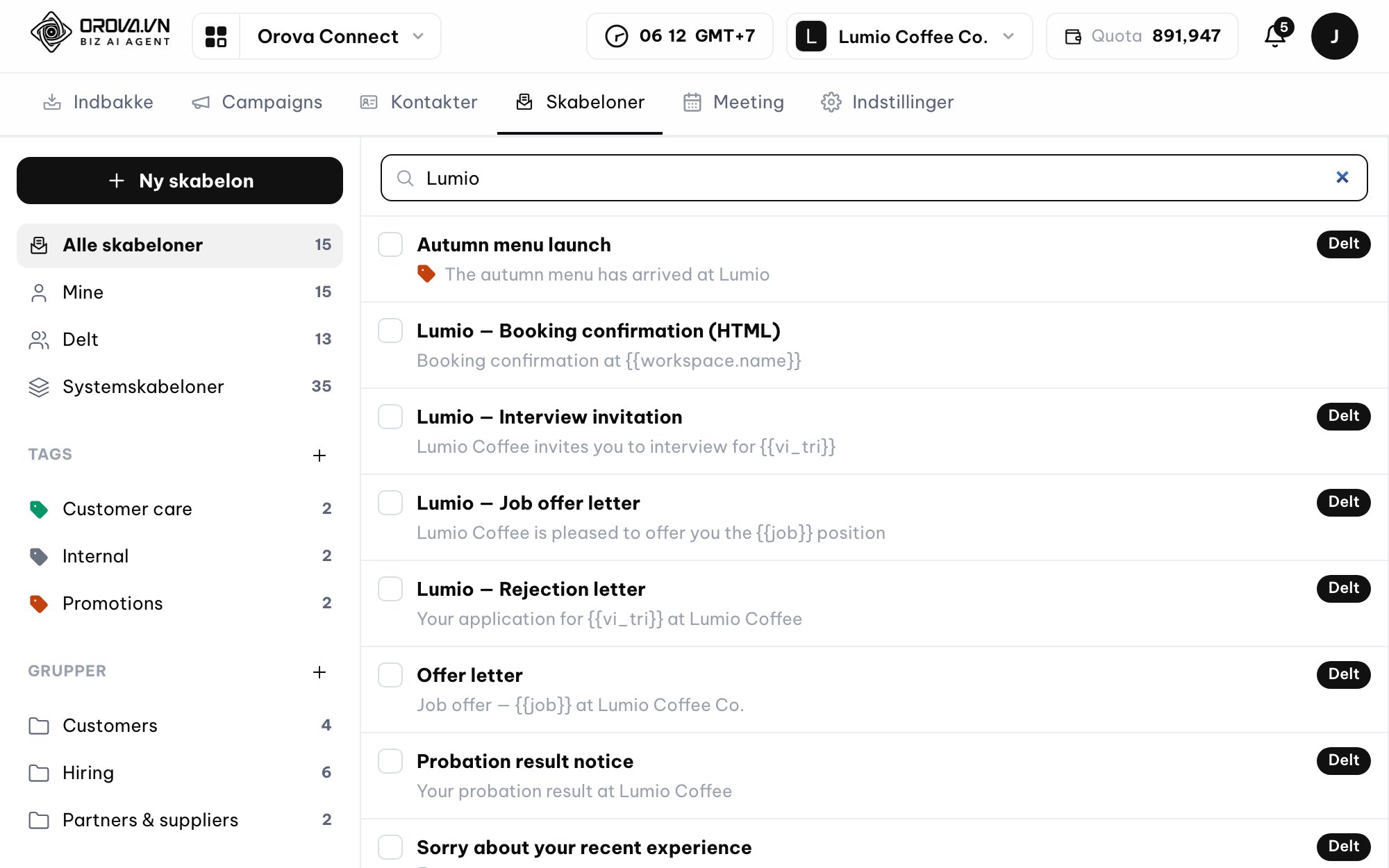 Email inbox in Orova Connect
