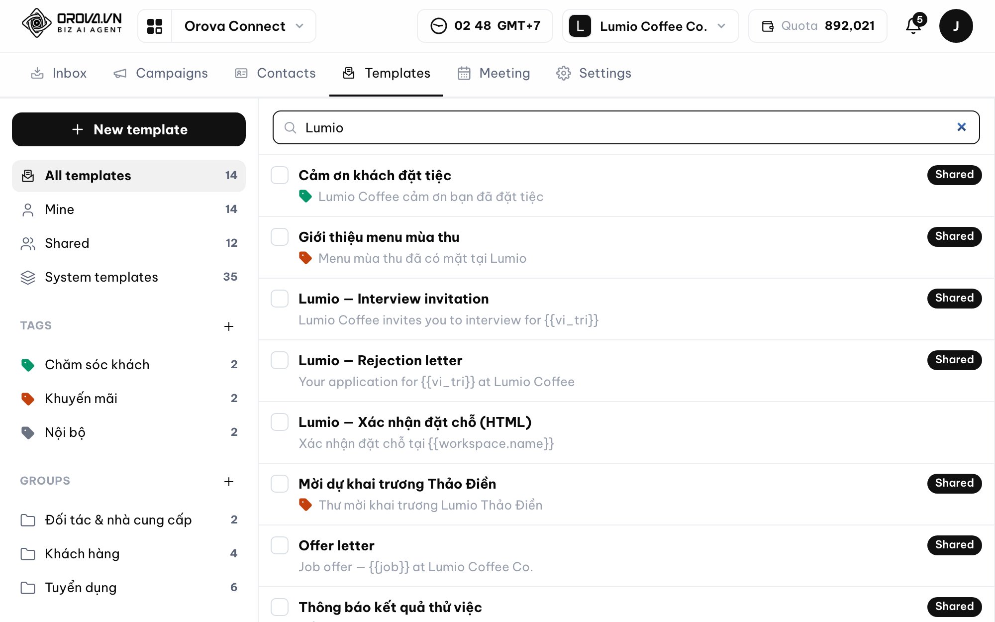 Email inbox in Orova Connect