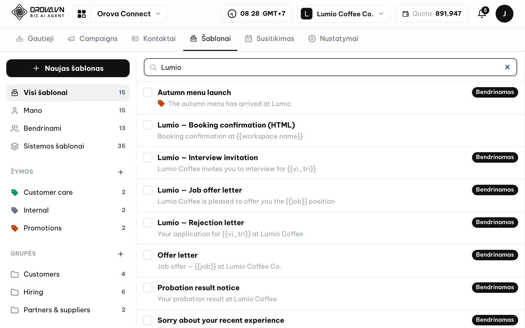 Email inbox in Orova Connect