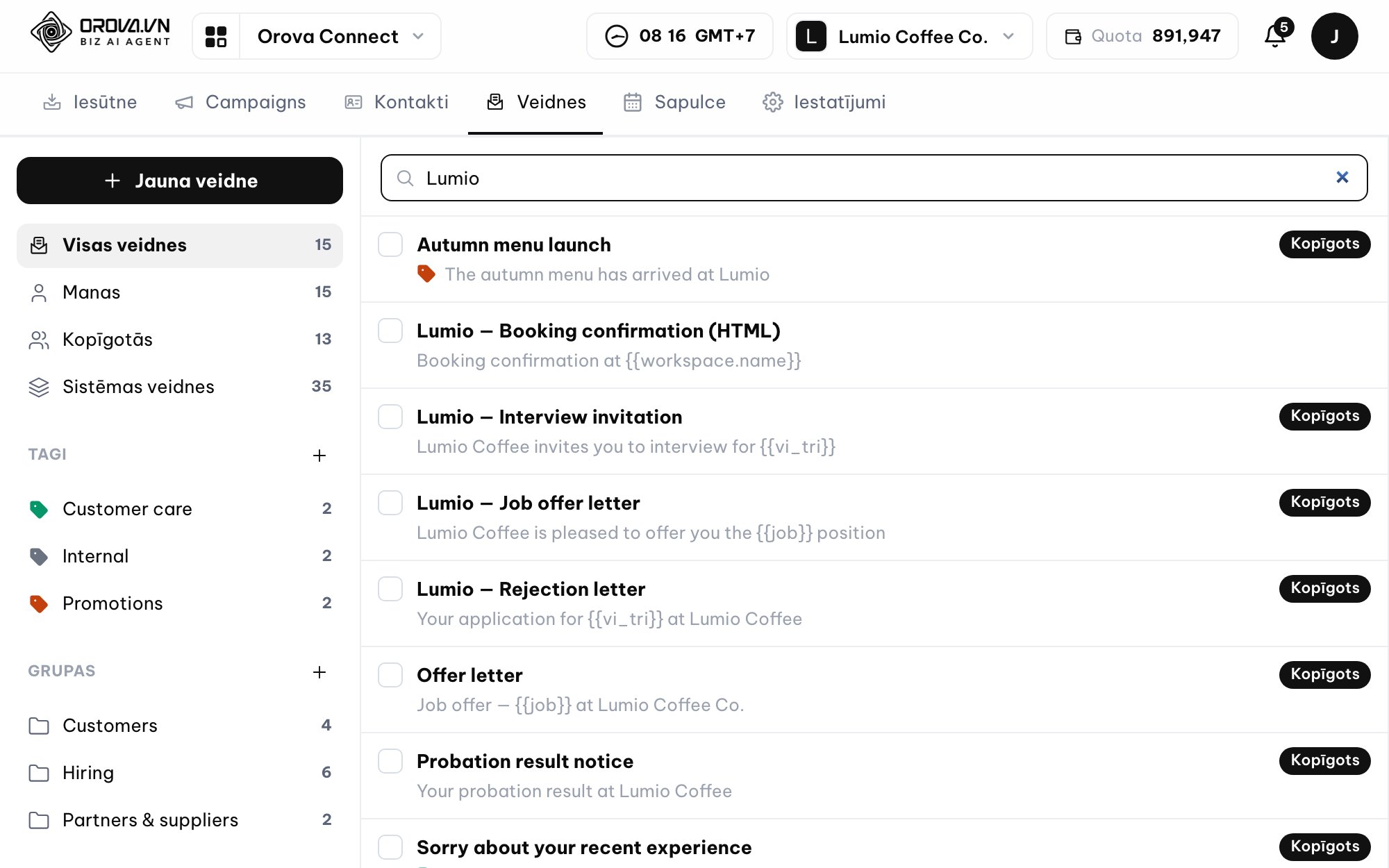 Email inbox in Orova Connect