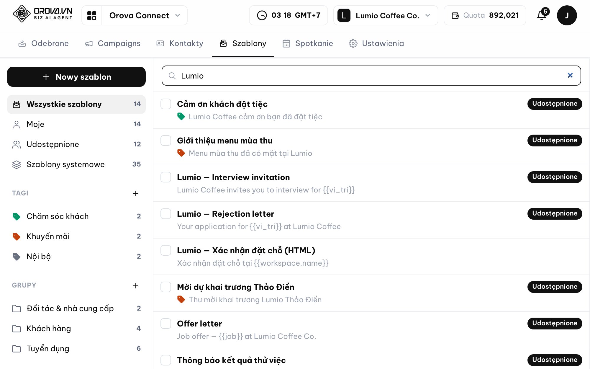 Email inbox in Orova Connect