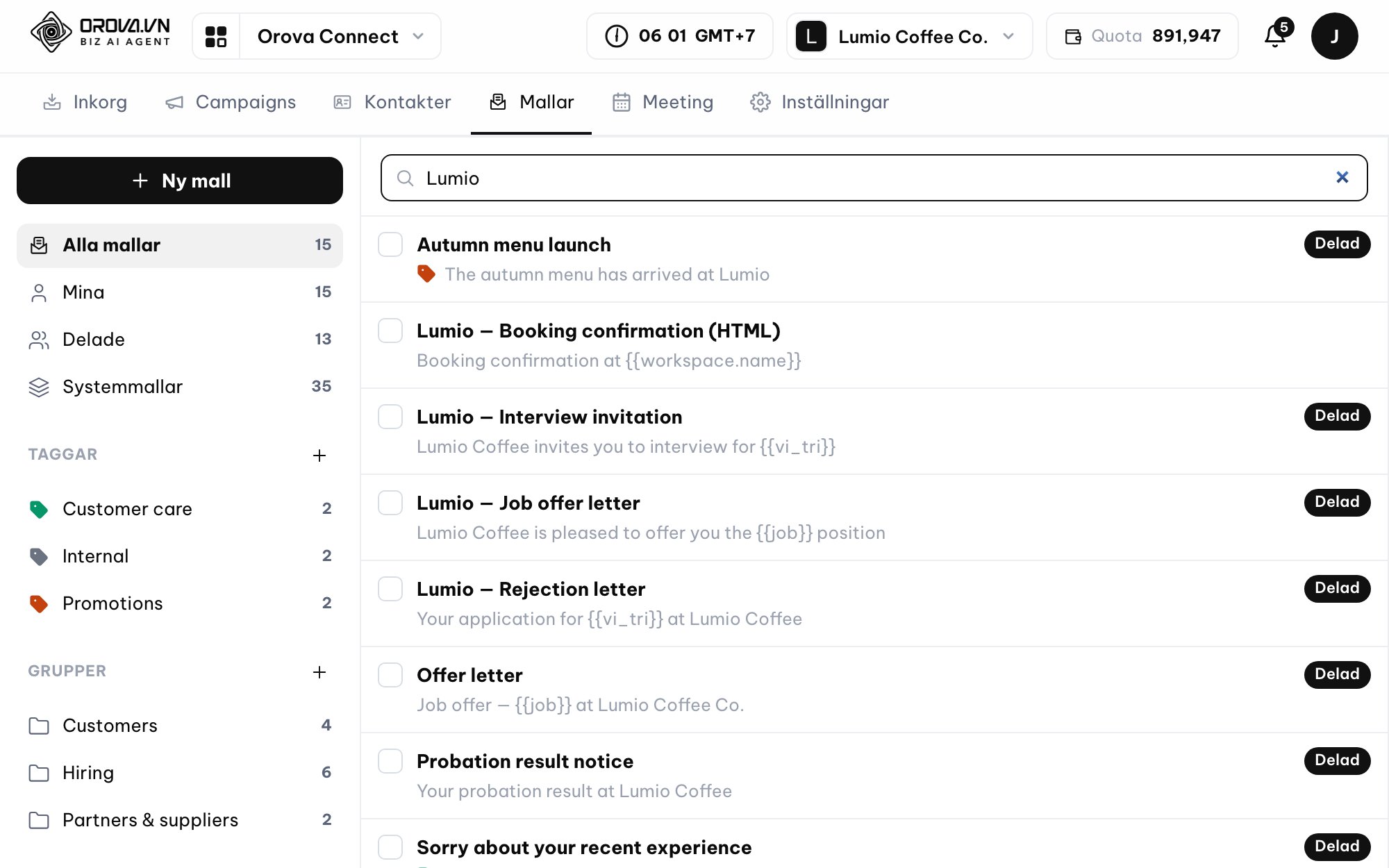Email inbox in Orova Connect