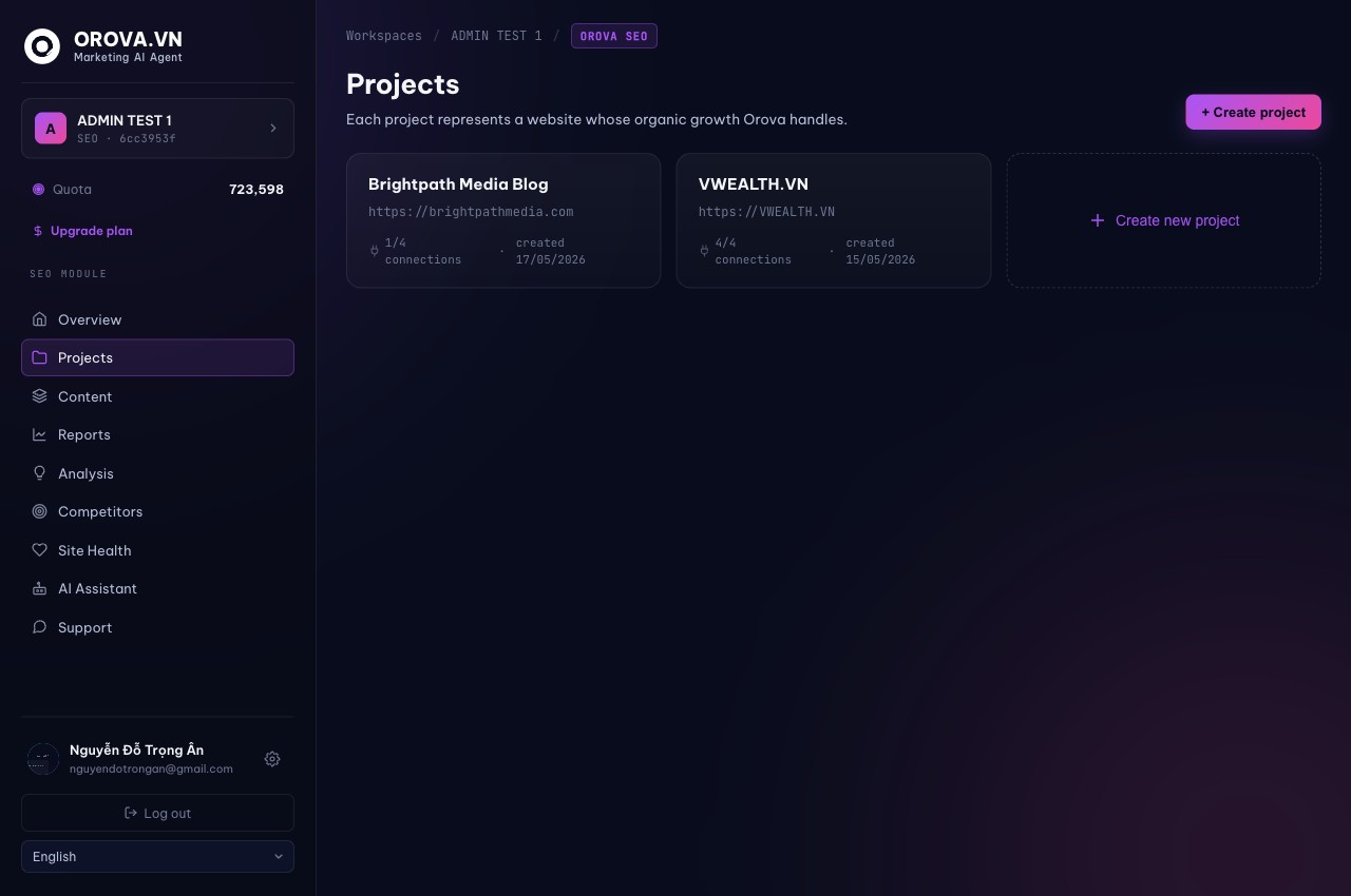 Orova SEO Projects screen with the Create project button