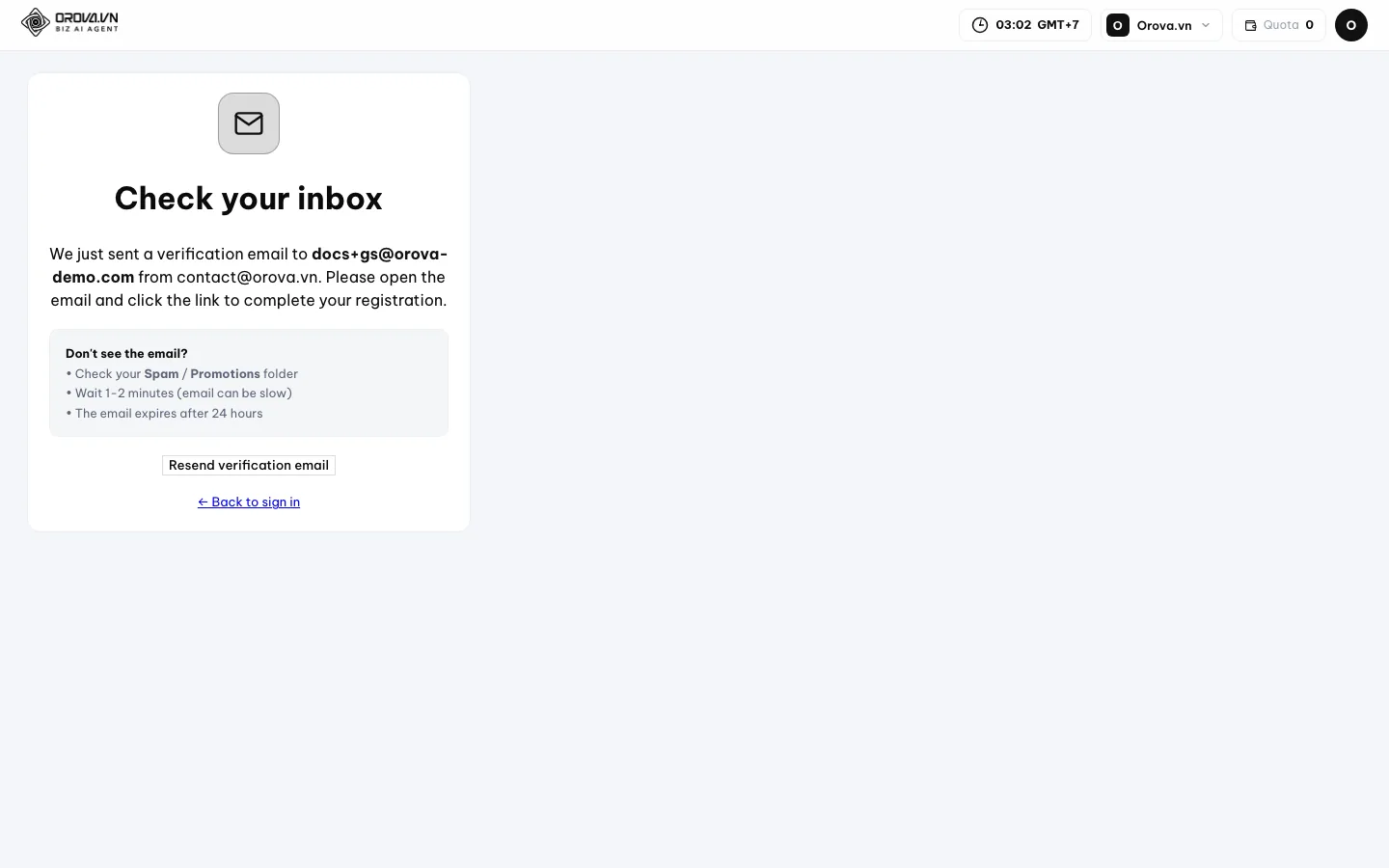 Pagina Controlla la tua casella dopo la registrazione