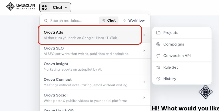 Passando il mouse su Orova Ads nel menu dei moduli si aprono le sue sottopagine