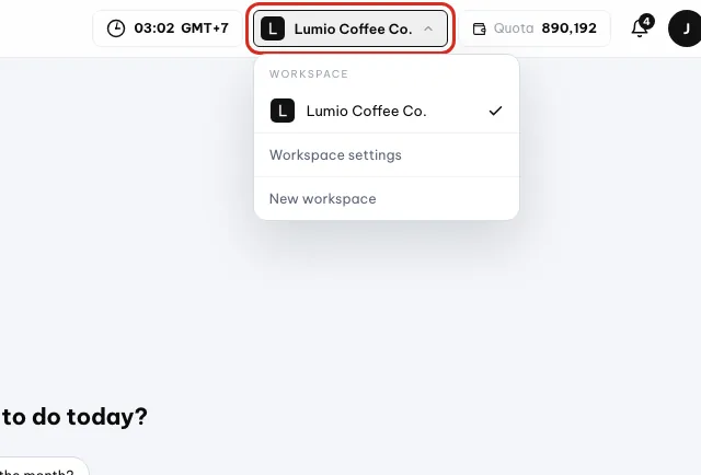 Menu dei workspace aperto con il workspace attuale spuntato