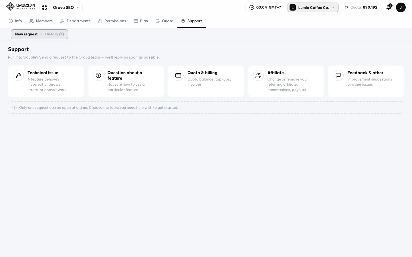 Pagina di supporto del workspace con gli argomenti delle richieste