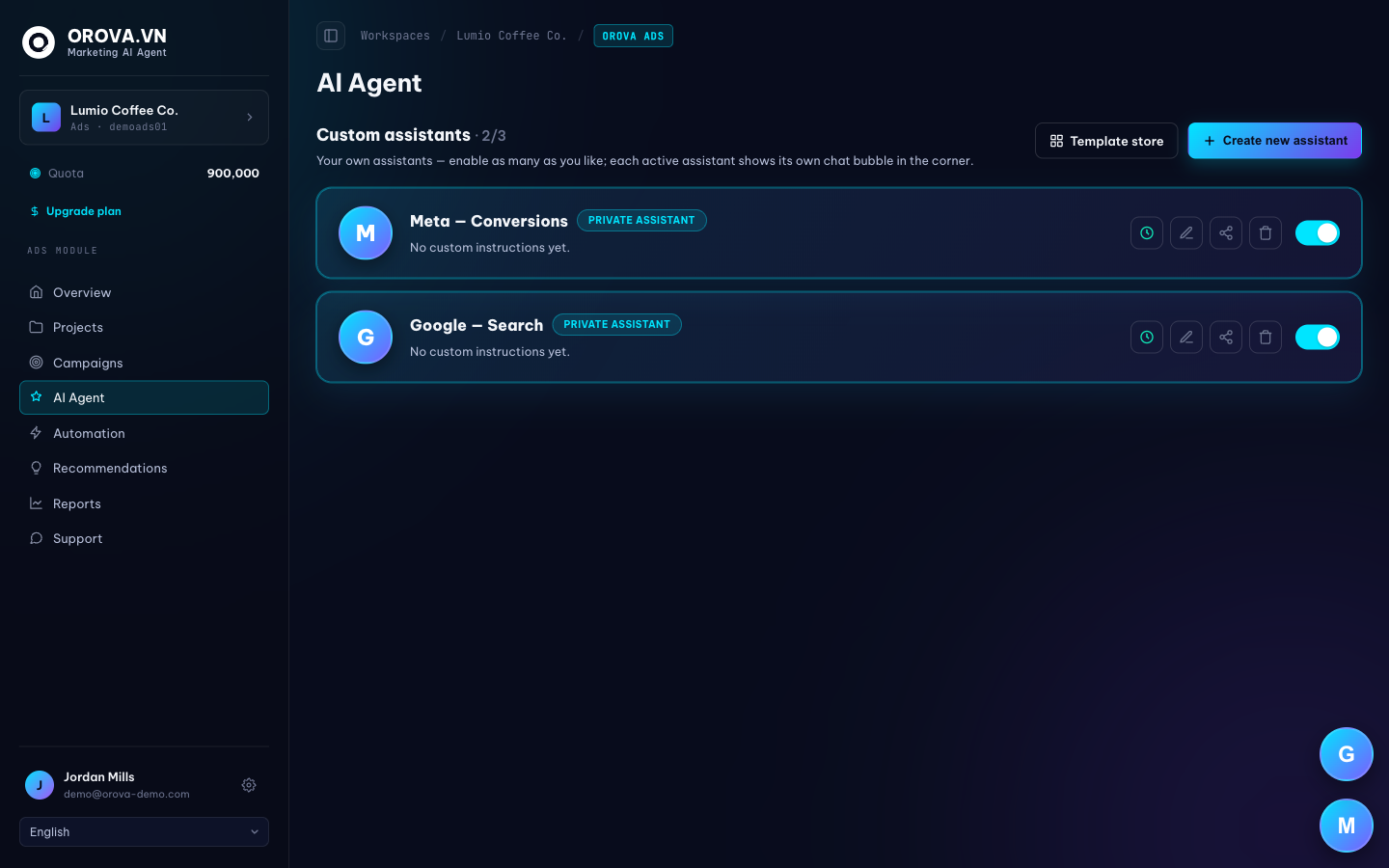 Orova Ads AI Agent and custom assistants
