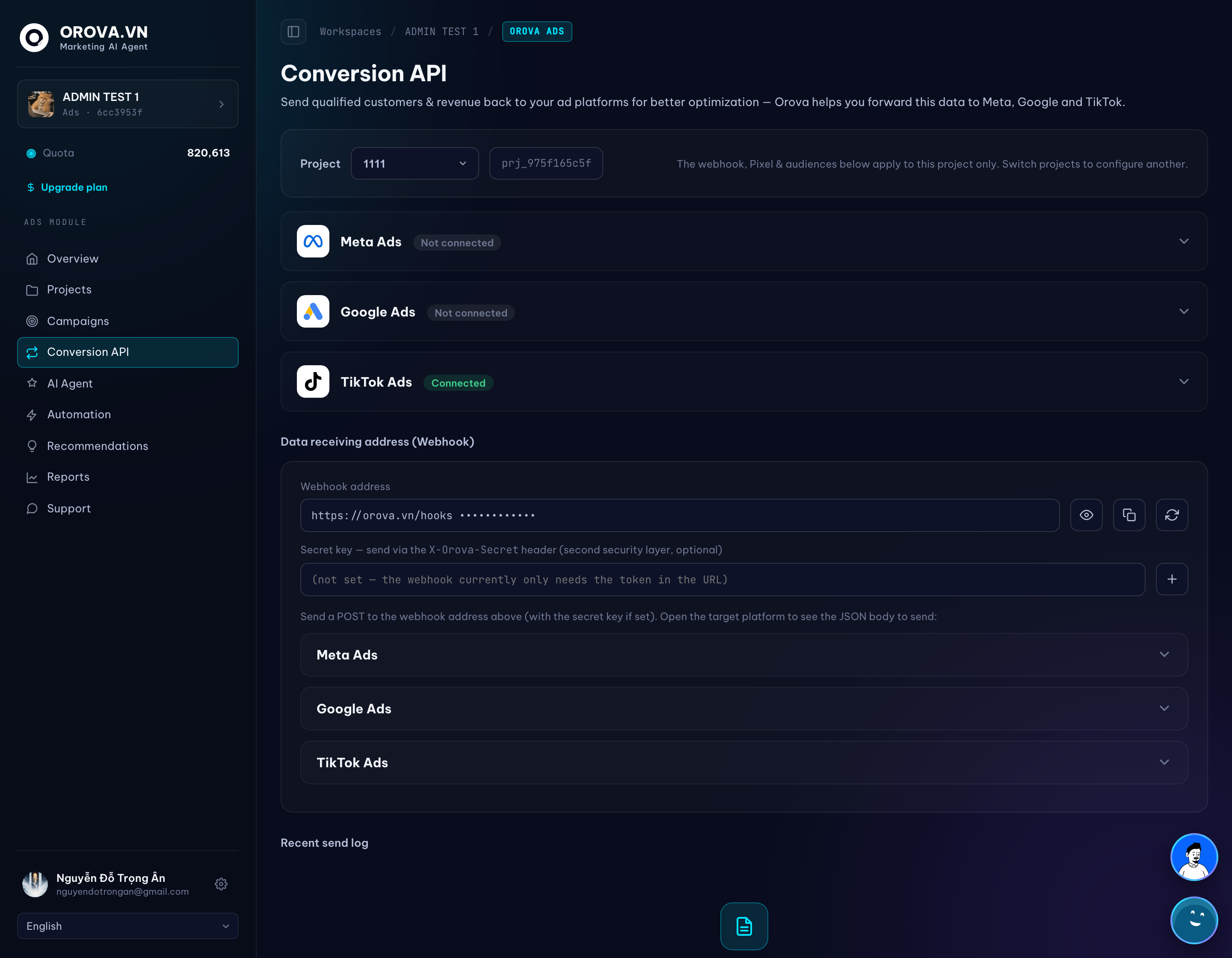 Orova Ads Conversion API configuration with Meta, Google and TikTok