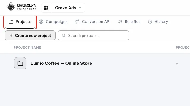 Tab Proyek disorot di menu Orova Ads