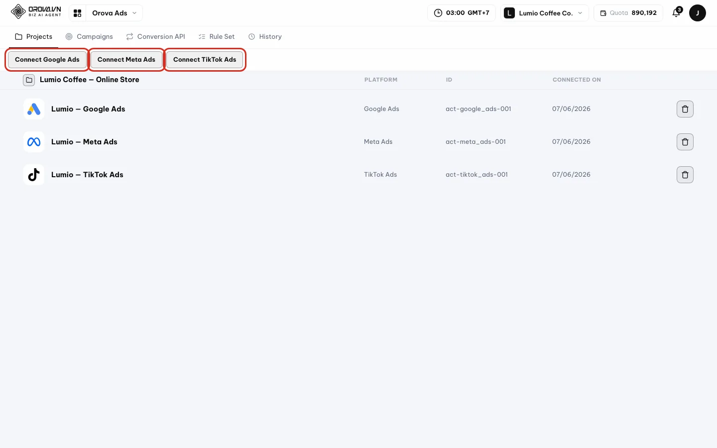Halaman proyek dengan tombol Hubungkan Google Ads, Meta Ads, dan TikTok Ads disorot