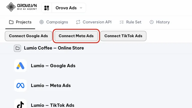 Tombol Hubungkan Meta Ads disorot