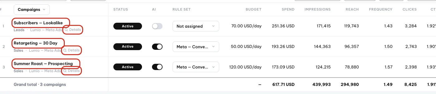 Baris kampanye dengan nama kampanye dan tautan Detail disorot