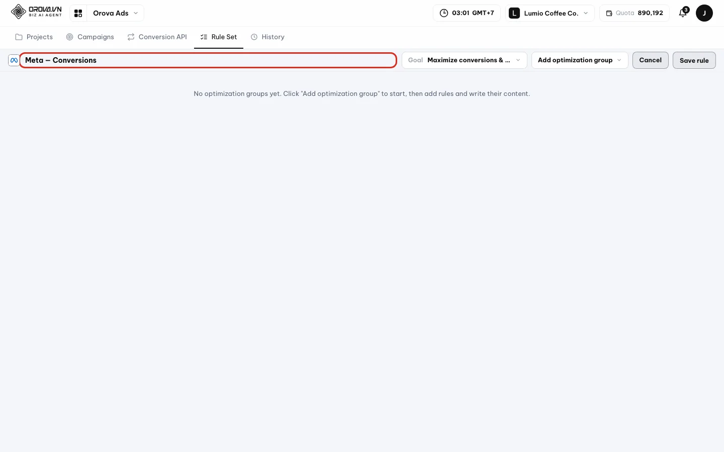 Editor aturan untuk Meta — Conversions dengan kolom nama aturan disorot