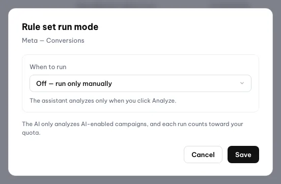 Popup Mode eksekusi dengan pilihan Nonaktif, jalankan saat sinkron, interval, dan mingguan