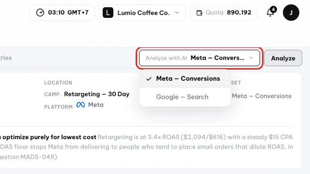 Menu Analisis dengan AI terbuka dengan kumpulan aturan Meta — Conversions dan Google — Search