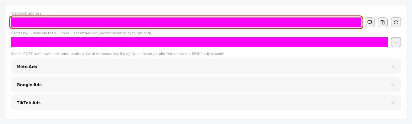 Tab API: kolom alamat webhook disorot, nilainya disamarkan