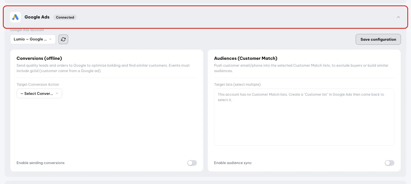Blok Google Ads dibuka, kepala disorot: konversi offline dan Customer Match