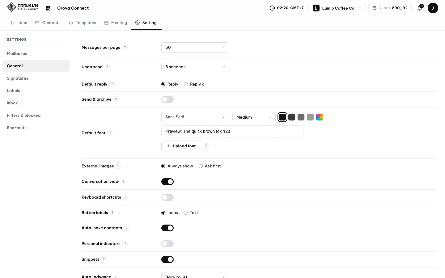 หน้า Settings แท็บ General แสดงตัวเลือกต่างๆ เช่น External images และ Auto-reply