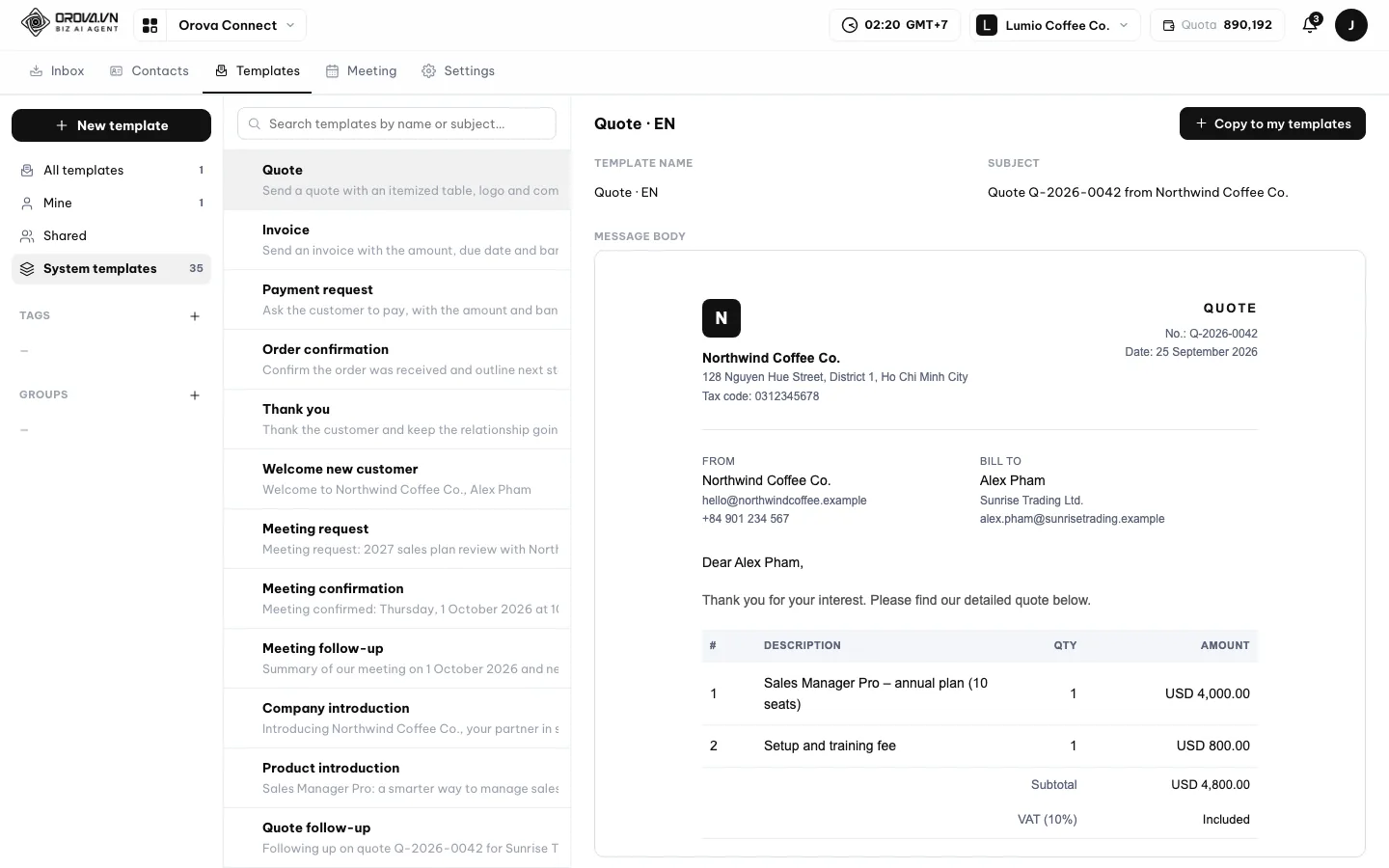 หน้า Templates แสดงรายการเทมเพลตของระบบแบบอ่านอย่างเดียว