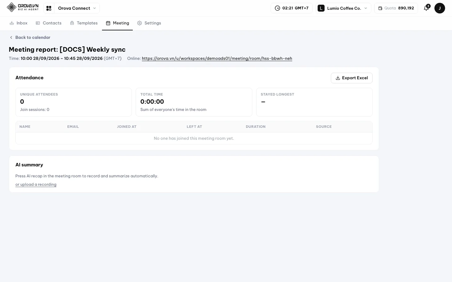 หน้า Meeting report พร้อมการ์ด Attendance และ AI summary