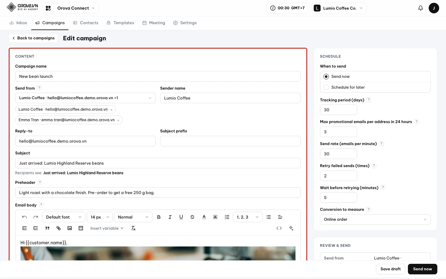 Edit campaign page: the Content card on the left outlined in red, the Schedule card on the right, Save draft and Send now in the footer