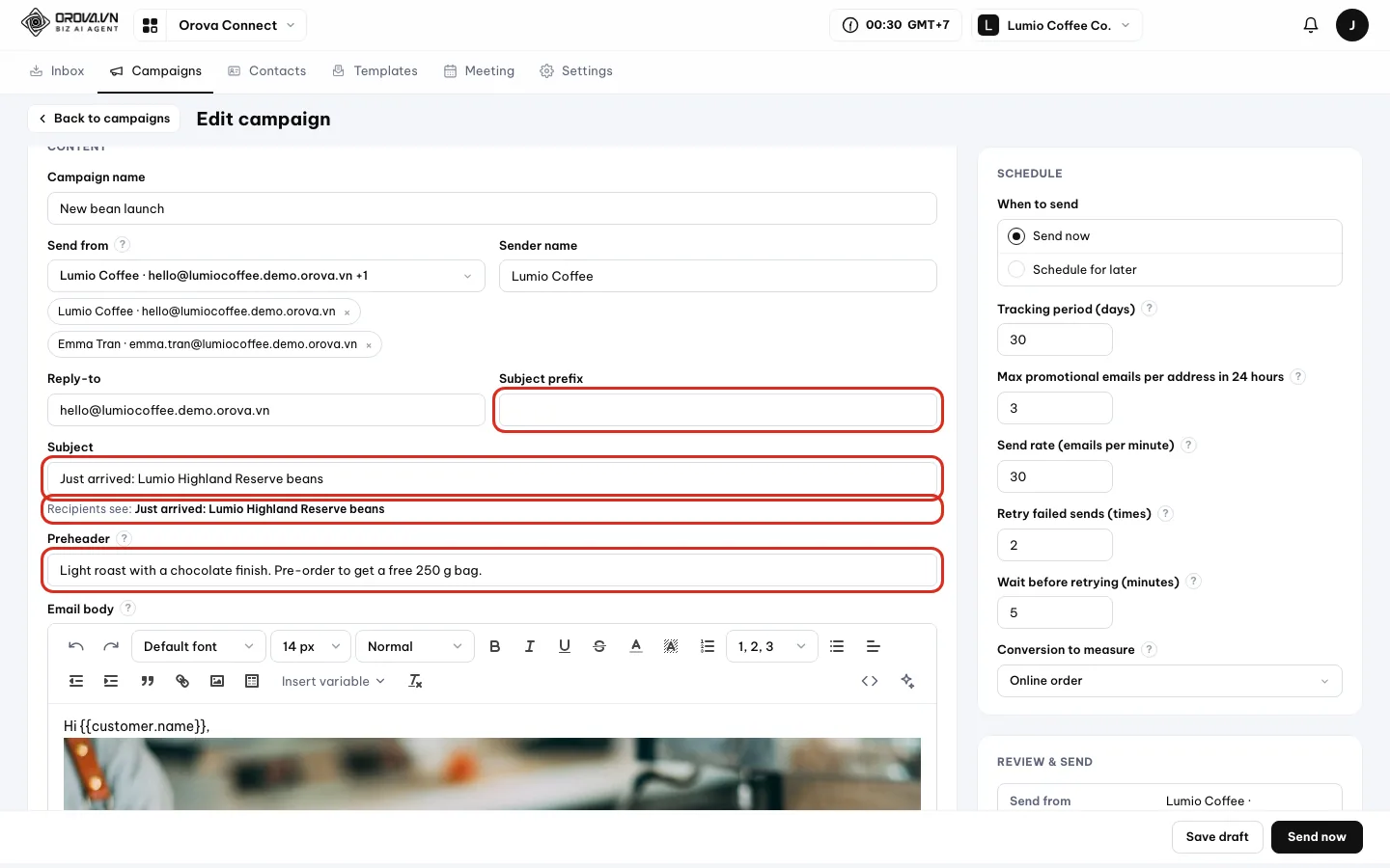 The Subject prefix, Subject, Recipients see line and Preheader fields outlined in red