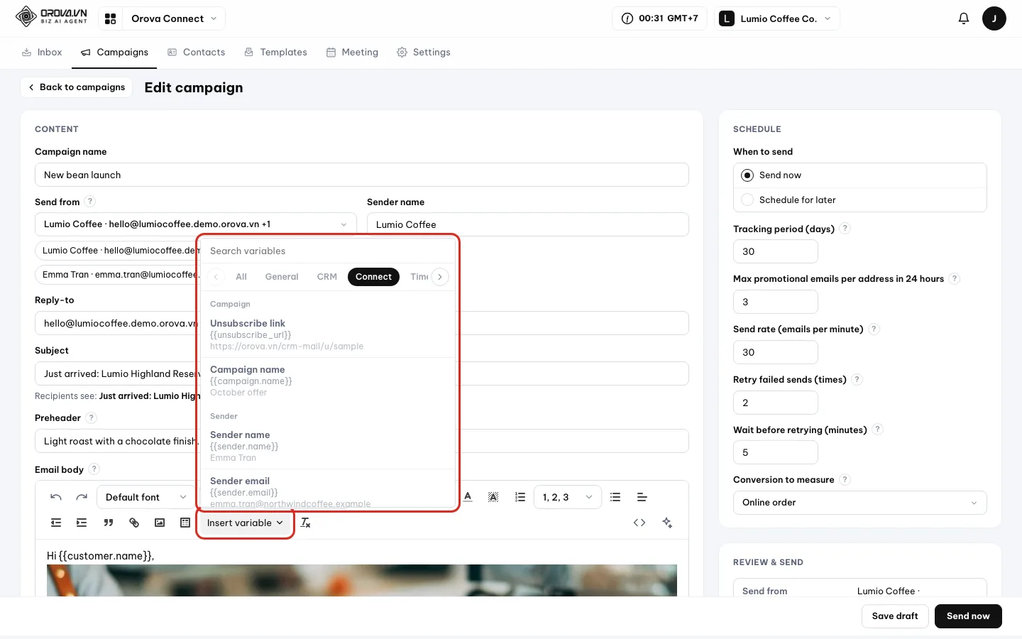 Insert variable panel open on the Connect group: Unsubscribe link, Campaign name, Sender name, Sender email