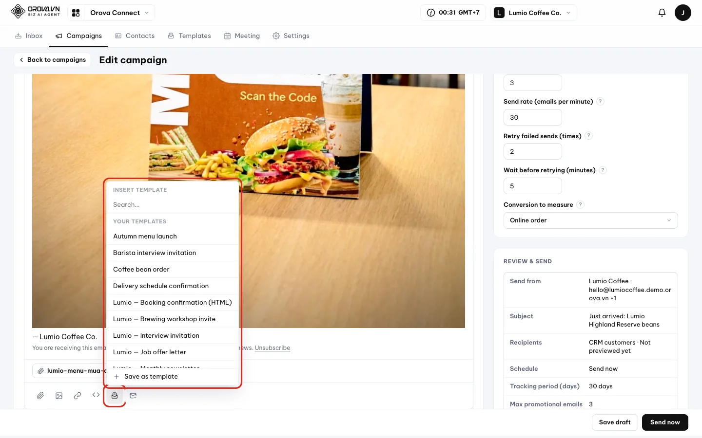 Insert template menu opened from the Template icon, with the Your templates list and the Save as template line