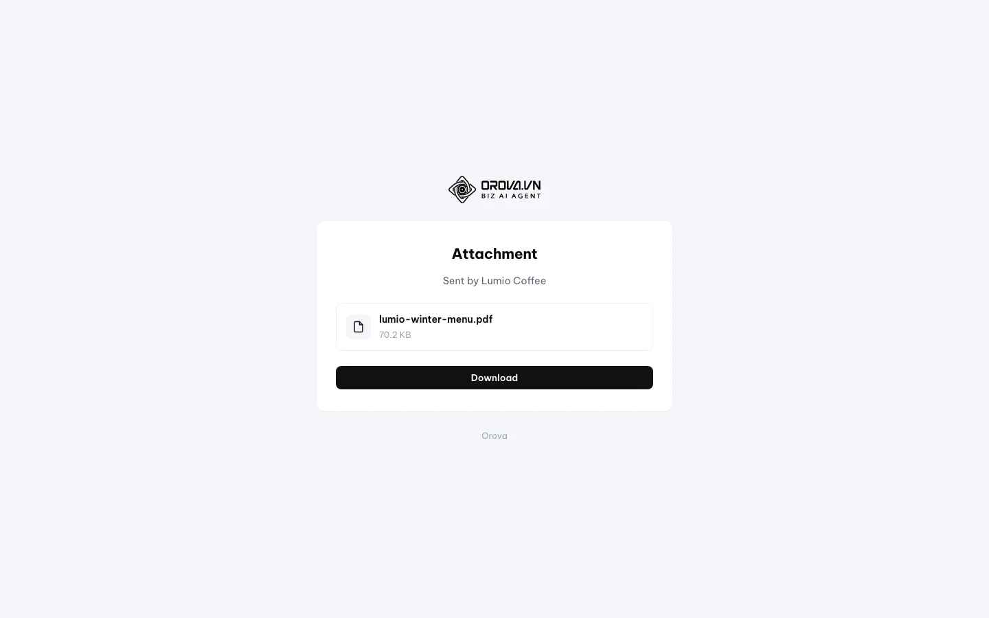 Public attachment page: PDF file name, size, sender Lumio Coffee and a Download button