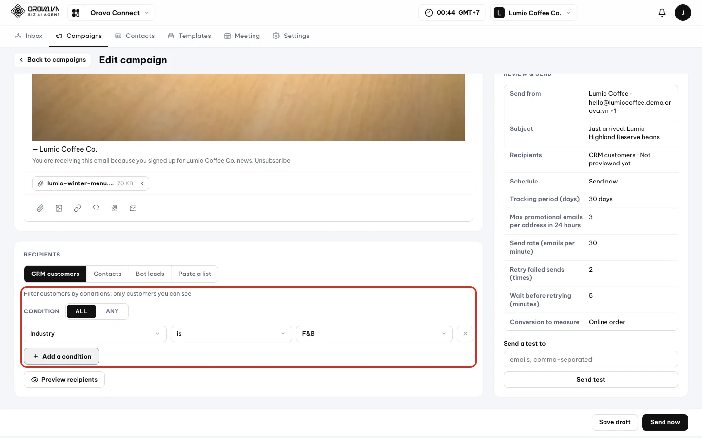 Condition builder: ALL or ANY, an Industry is F&B row and the Add a condition button, outlined in red