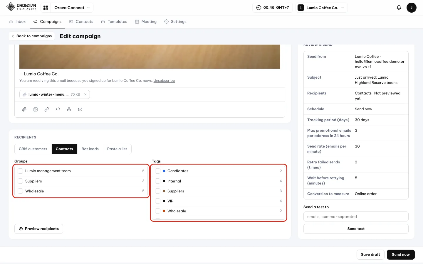 Contacts source: Groups and Tags lists with checkboxes and head counts, outlined in red