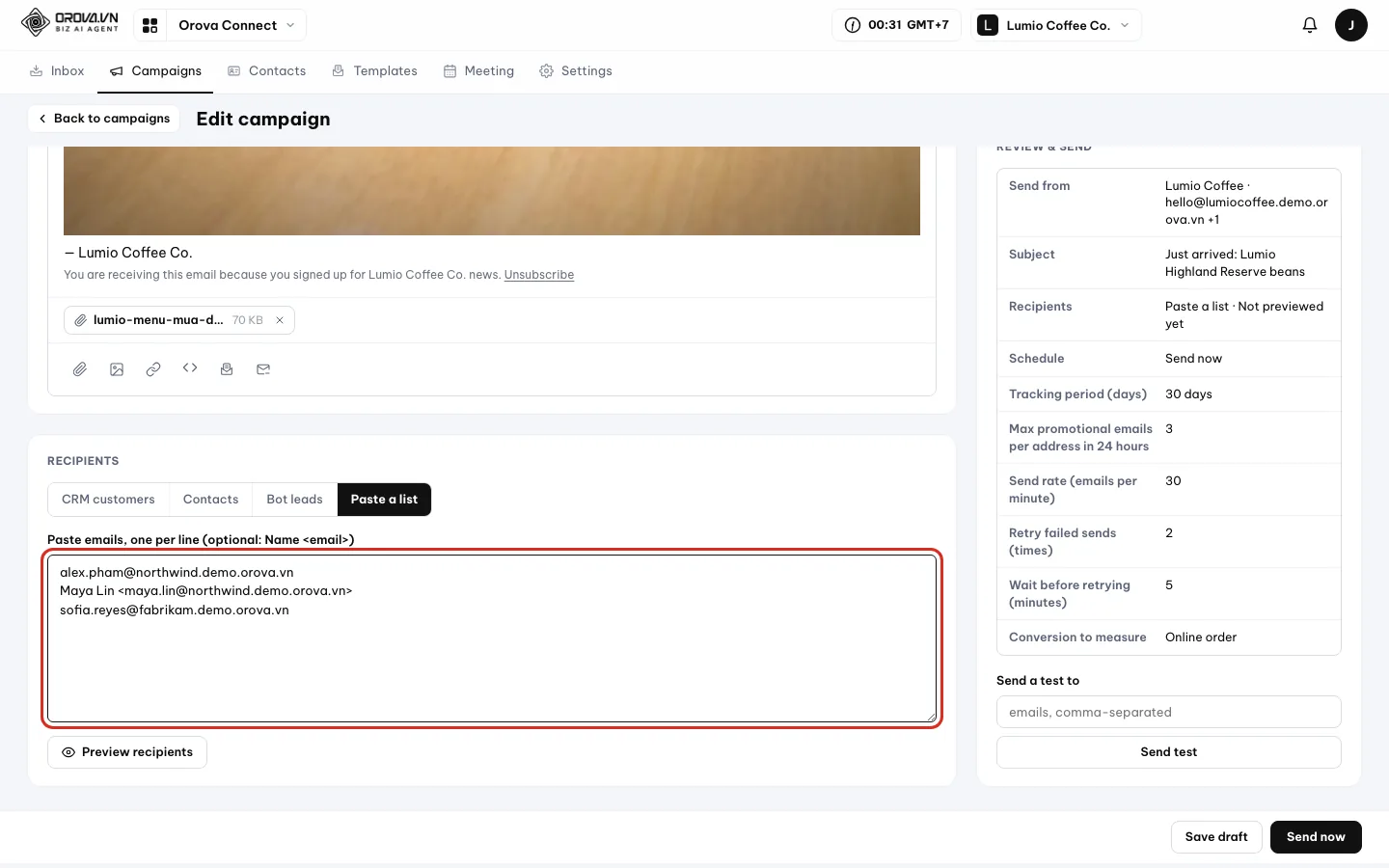 Paste a list source: input box with three email lines, one with a name, outlined in red