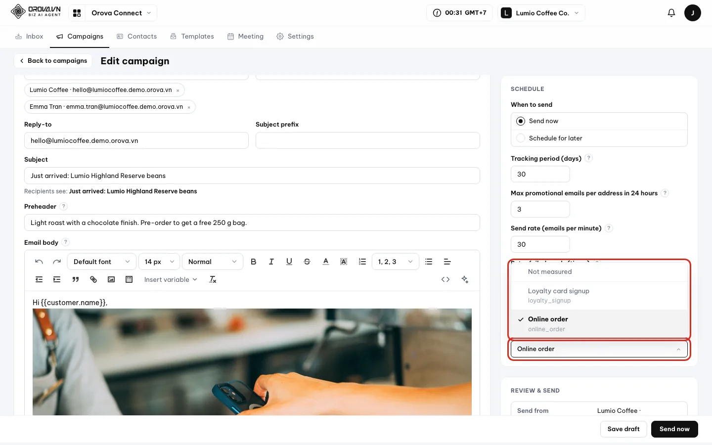 Conversion to measure list open: Not measured, Loyalty card signup, and Online order selected
