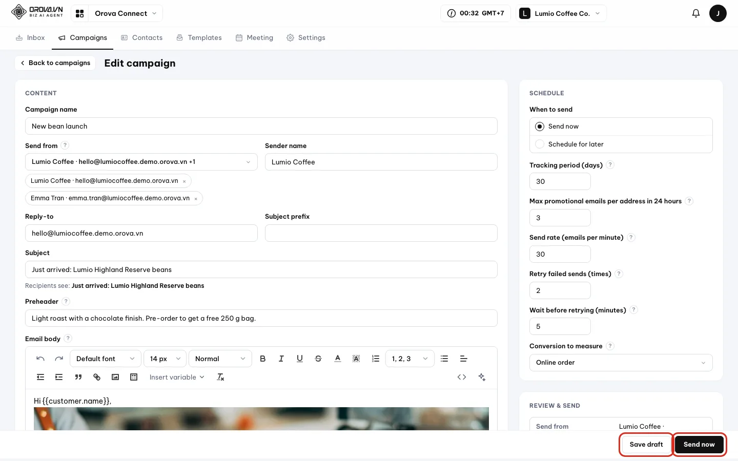 Create campaign footer: the Save draft button and the black Send now button outlined in red