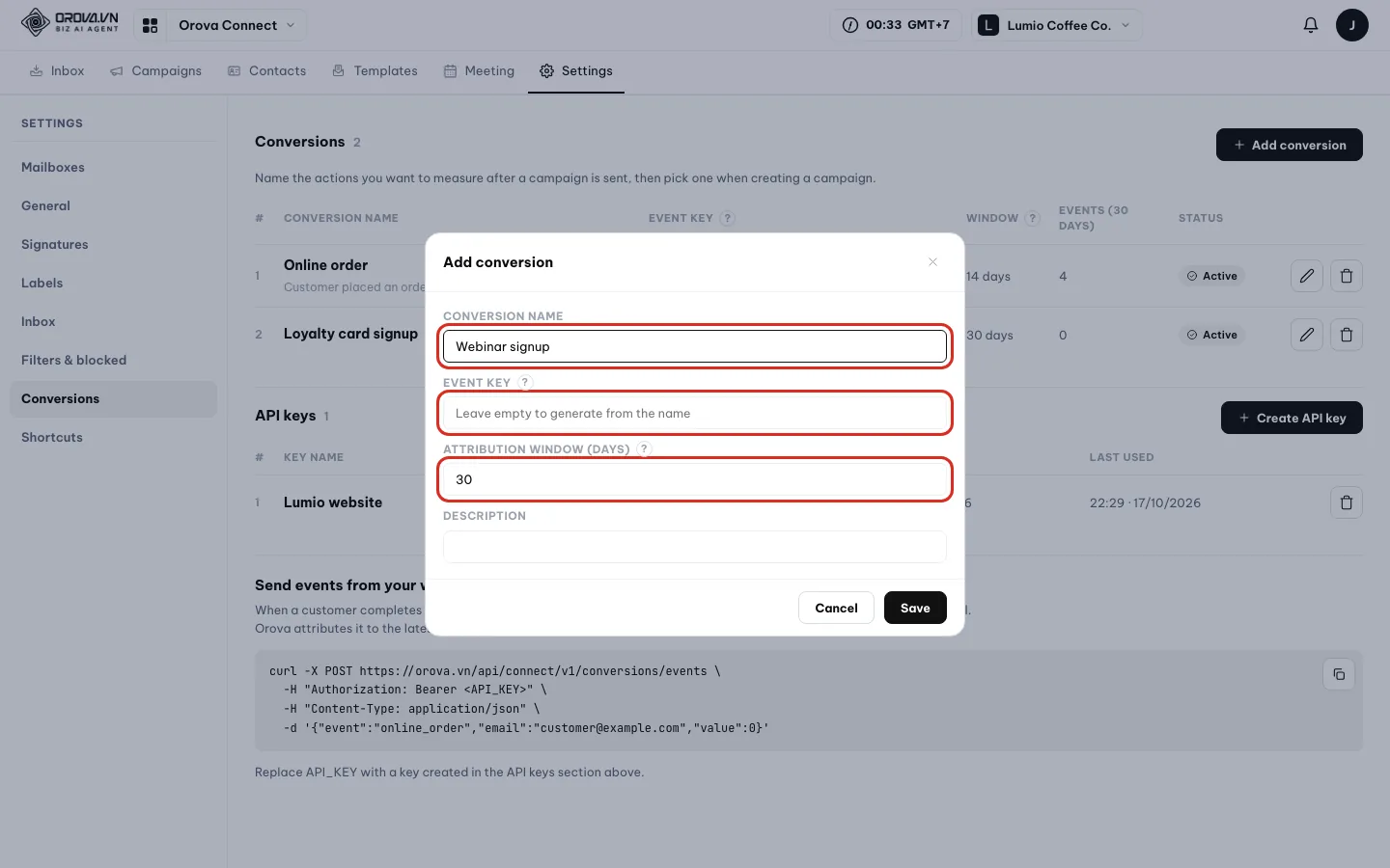 Add conversion dialog: Conversion name Webinar signup, Event key left empty, Attribution window 30
