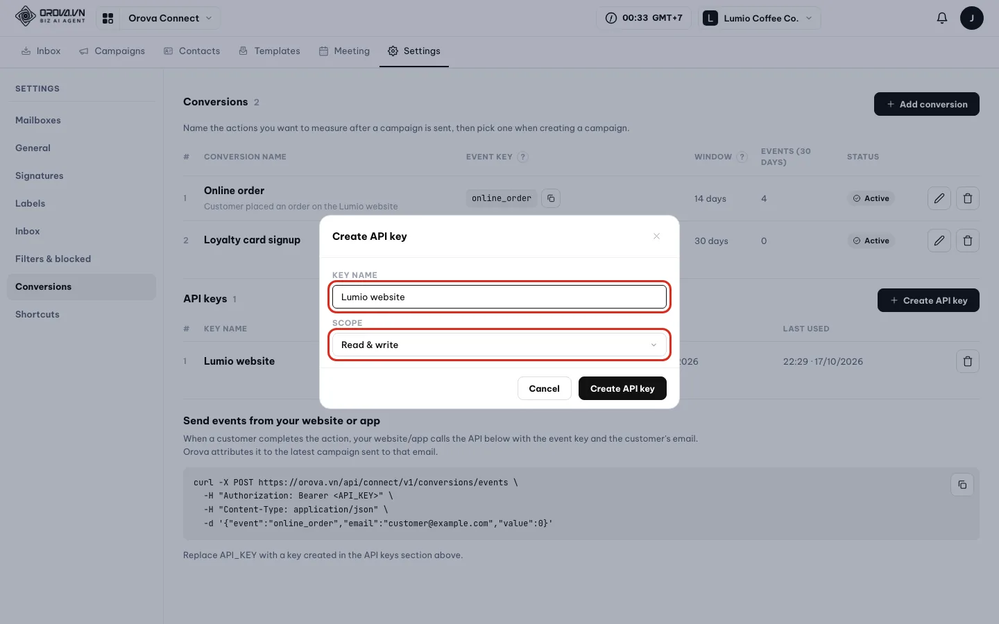 Create API key dialog: Key name Lumio website, Scope Read & write, Create API key button