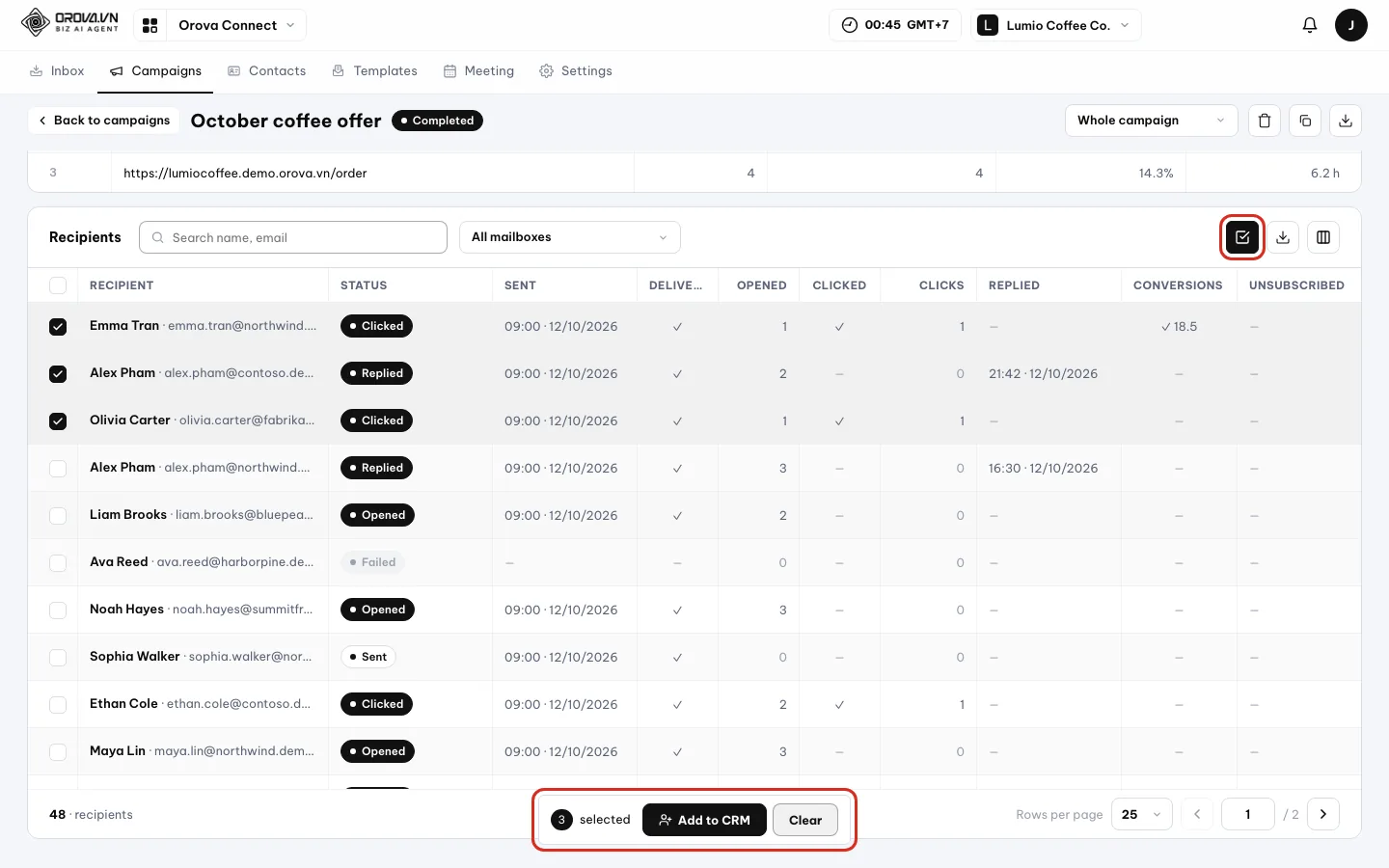 Bulk select mode: three people ticked, the bottom bar shows 3 selected with Add to CRM and Clear buttons