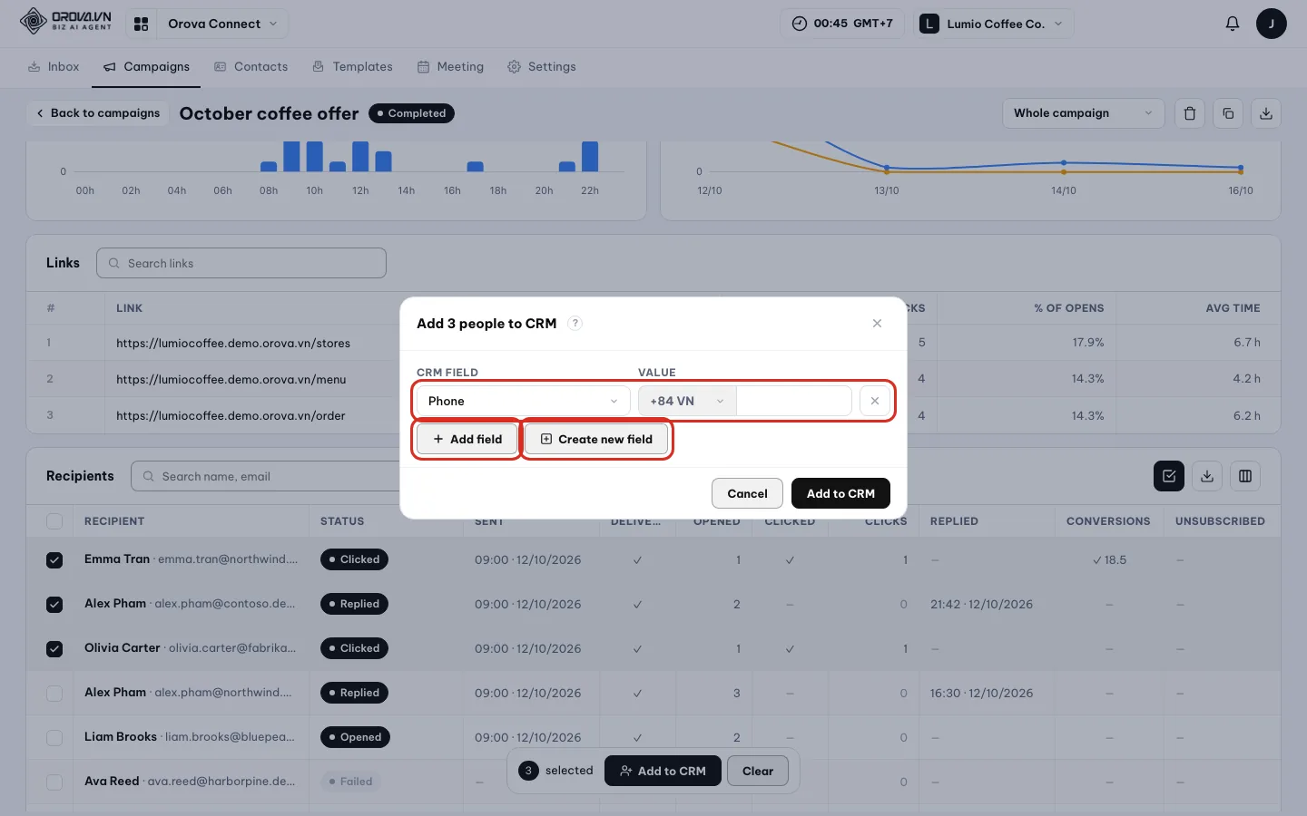 Add 3 people to CRM dialog with a CRM field row for Phone, the Add field and Create new field buttons