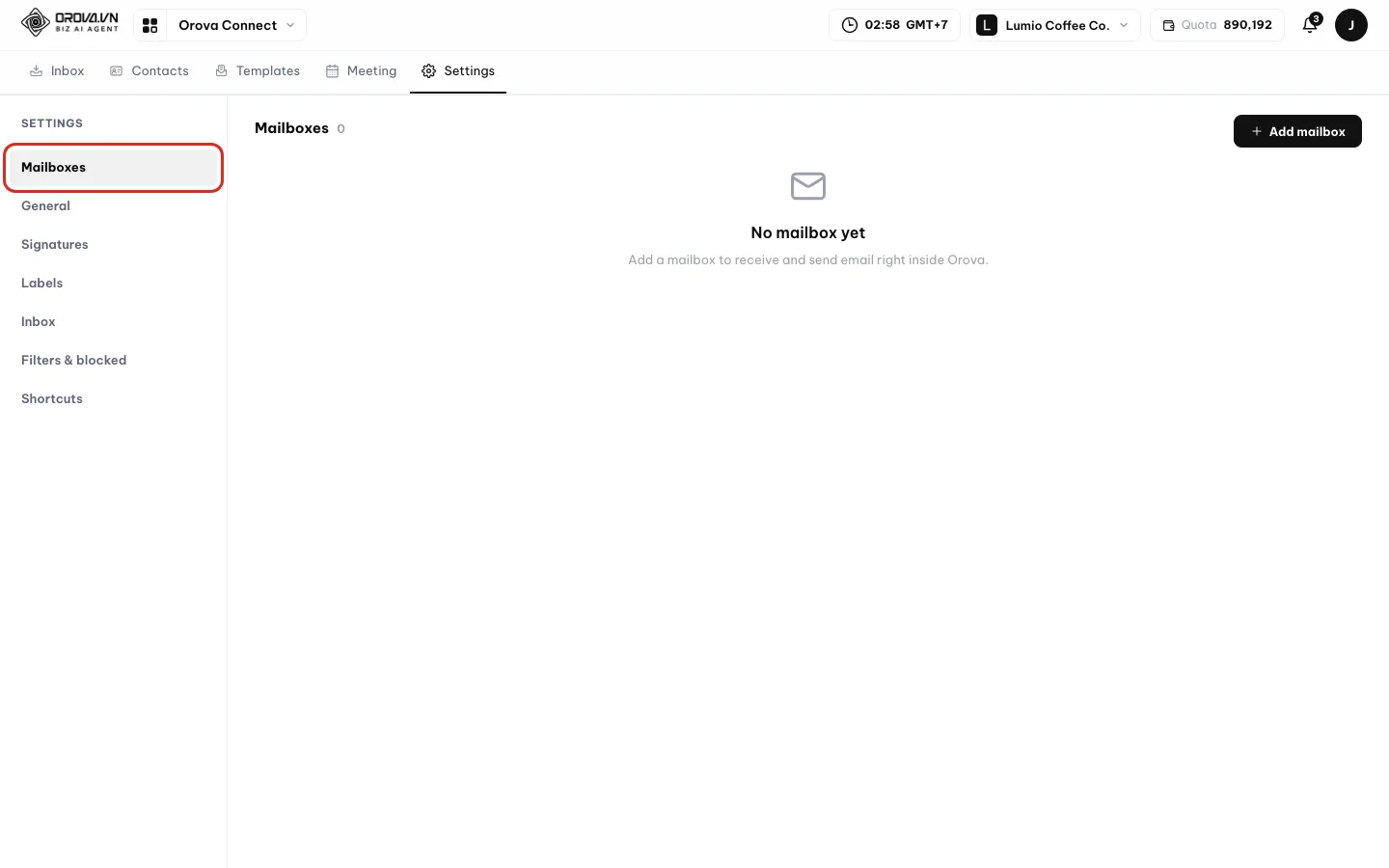 Settings with the Mailboxes tab selected and the Add mailbox button