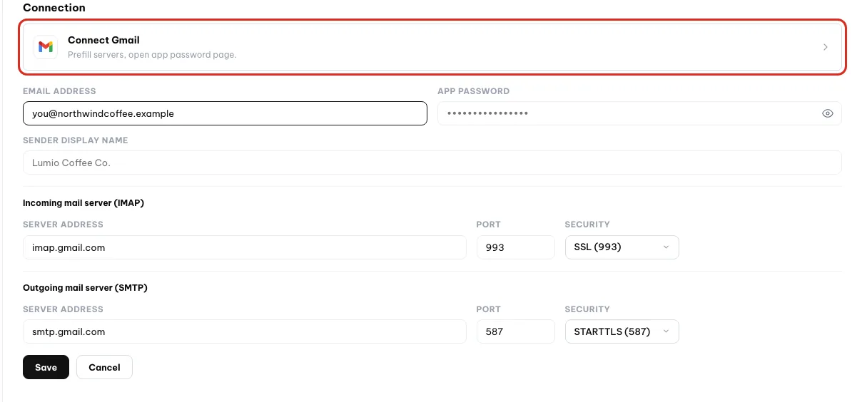Add mailbox form with the Connect Gmail option circled