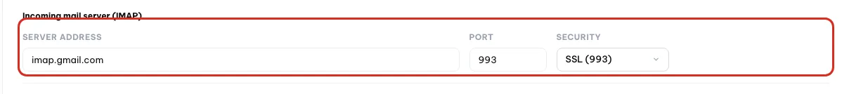 Incoming (IMAP) and outgoing (SMTP) server fields: address, port, security