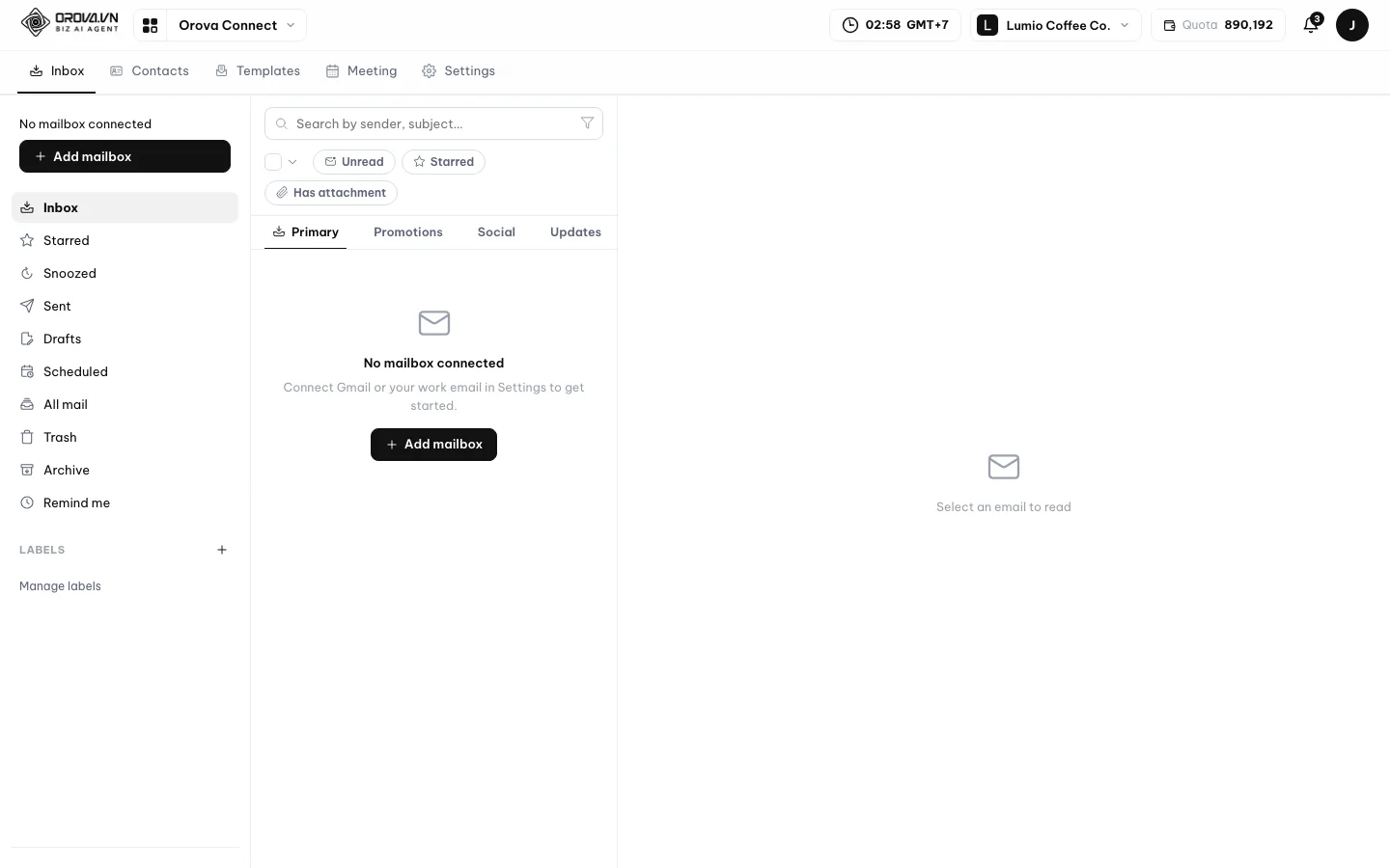 Inbox with no mailbox connected yet, offering Add mailbox