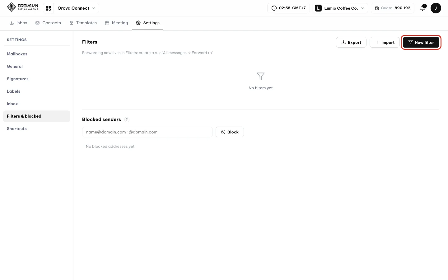 Settings, Filters & blocked tab with the New filter button circled