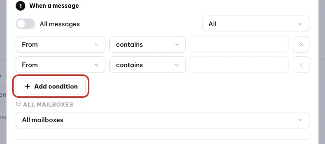 Filter conditions: All/Any selector and Add condition button