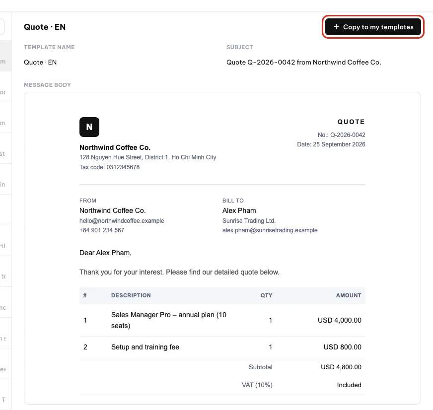 A read-only system template with Copy to my templates circled