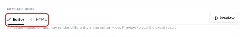 Template editor tabs Editor, HTML and Preview
