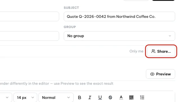 Template sharing status Only me and the Share… button circled