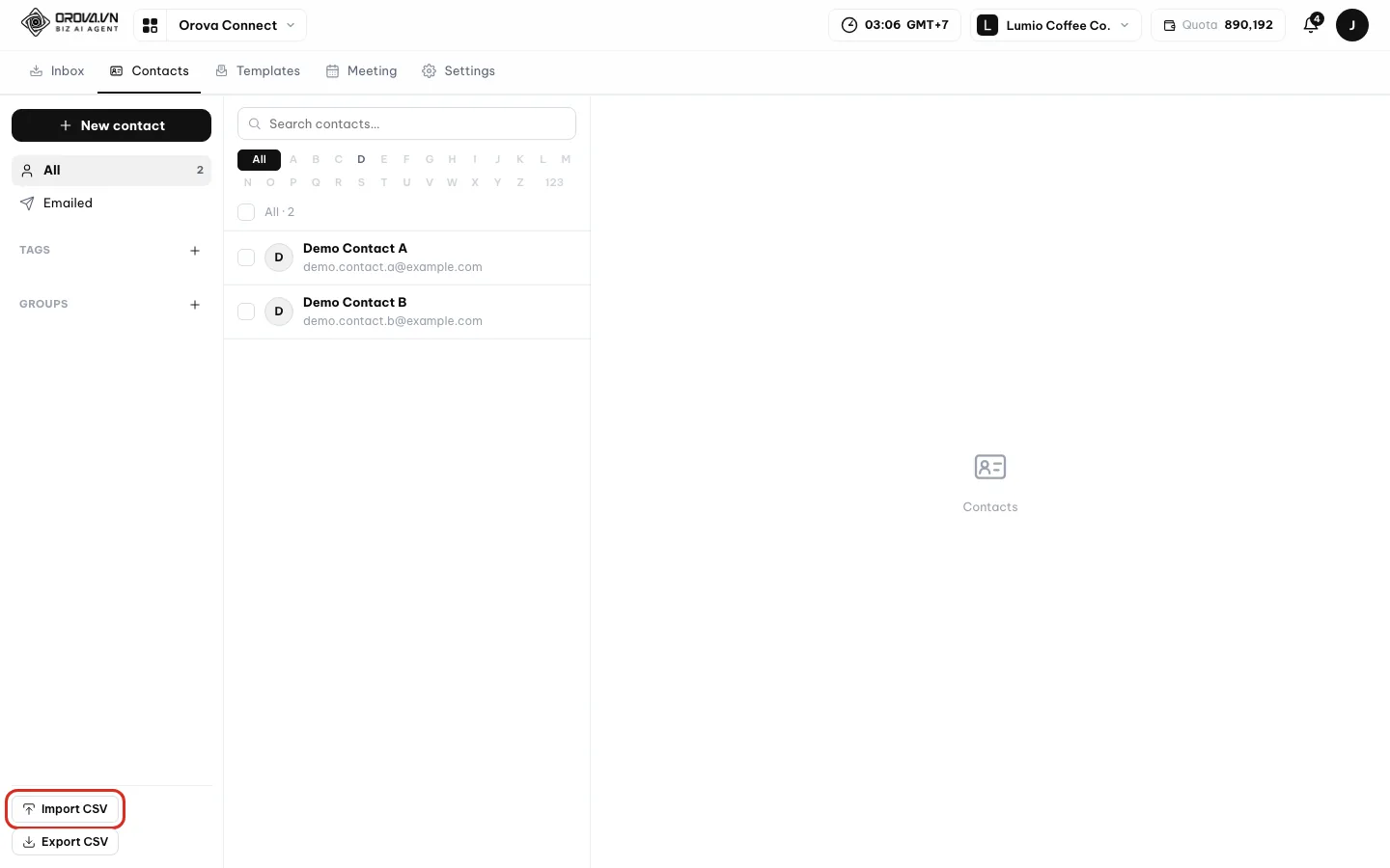 Contacts page with the Import CSV button circled at the bottom left