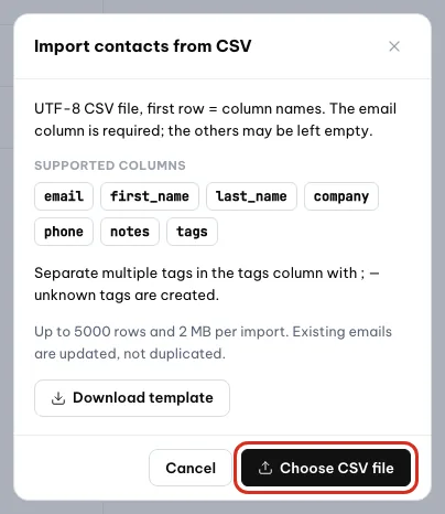 The Import contacts from CSV dialog with Choose CSV file circled